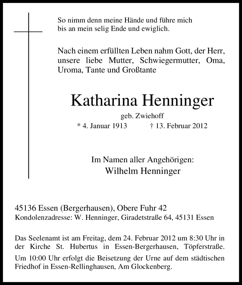  Traueranzeige für Katharina Henninger vom 18.02.2012 aus Tageszeitung