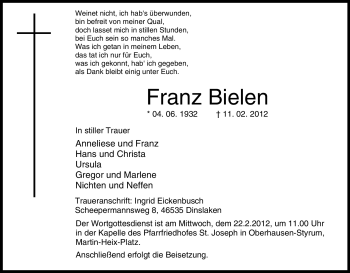 Traueranzeige von Franz Bielen von Tageszeitung