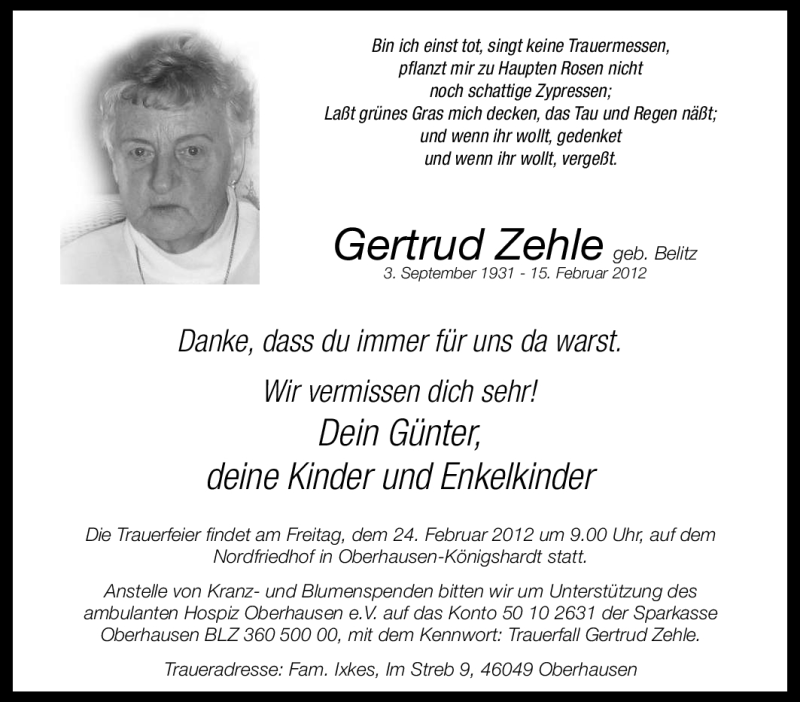 Traueranzeige für Gertrud Zehle vom 18.02.2012 aus Tageszeitung