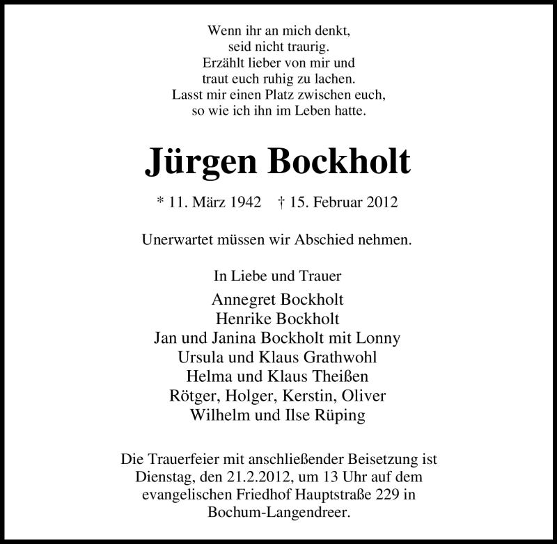  Traueranzeige für Jürgen Bockholt vom 18.02.2012 aus Tageszeitung