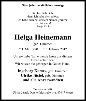 Traueranzeige von Helga Heinemann von Tageszeitung