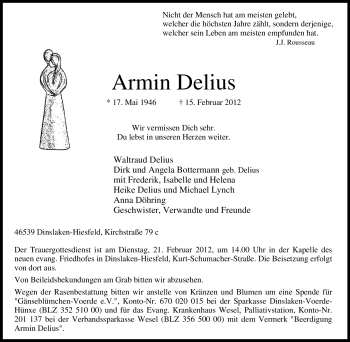 Traueranzeige von Armin Delius von Tageszeitung
