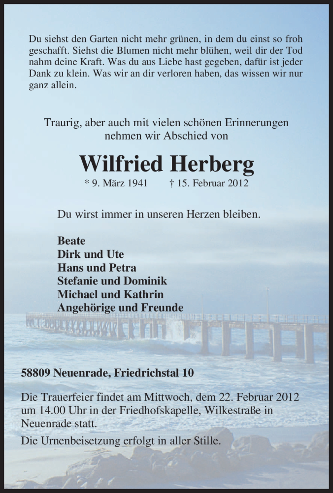  Traueranzeige für Wilfried Herberg vom 18.02.2012 aus Tageszeitung
