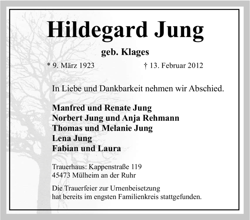  Traueranzeige für Hildegard Jung vom 25.02.2012 aus Tageszeitung