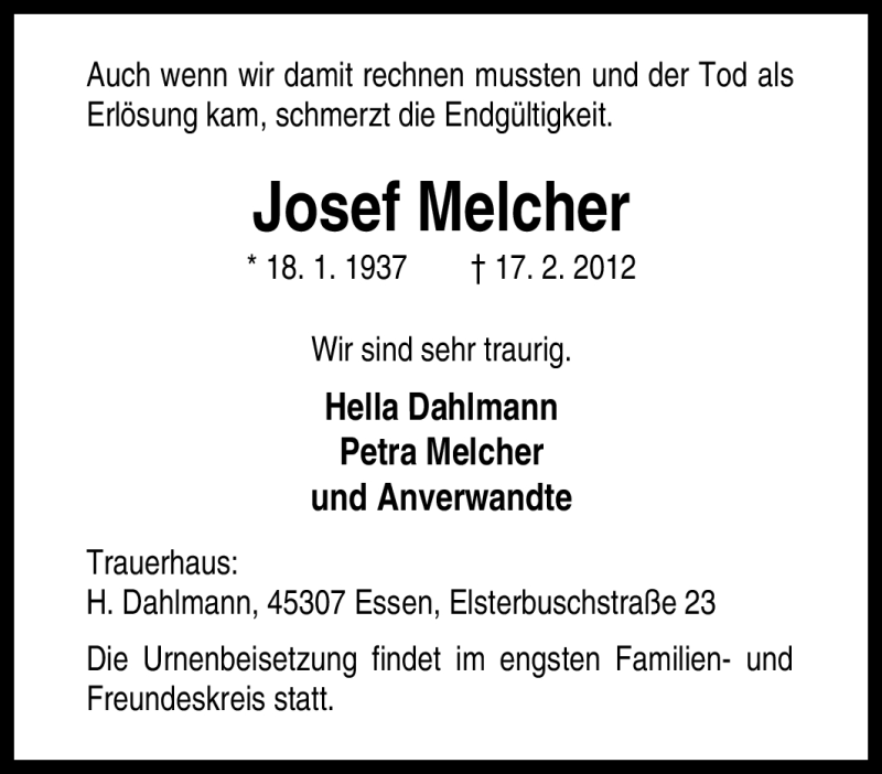  Traueranzeige für Josef Melcher vom 25.02.2012 aus Tageszeitung