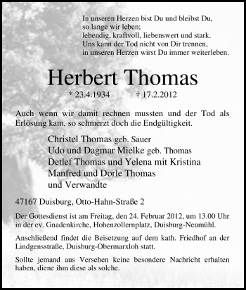 Traueranzeige von Herbert Thomas von Tageszeitung