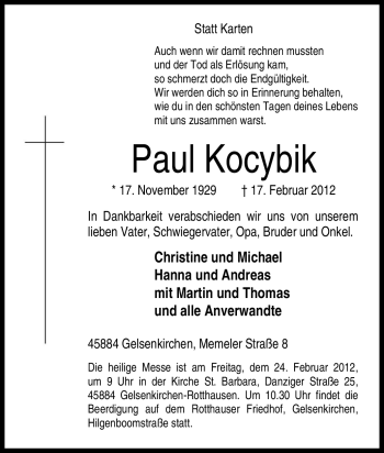Traueranzeige von Paul Kocybik von Tageszeitung