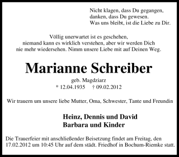 Traueranzeige von Marianne Schreiber von Tageszeitung