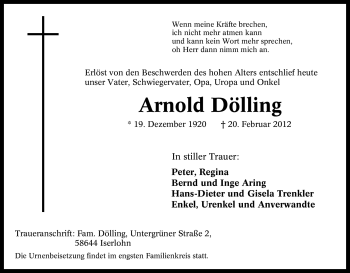 Traueranzeige von Arnold Dölling von Tageszeitung