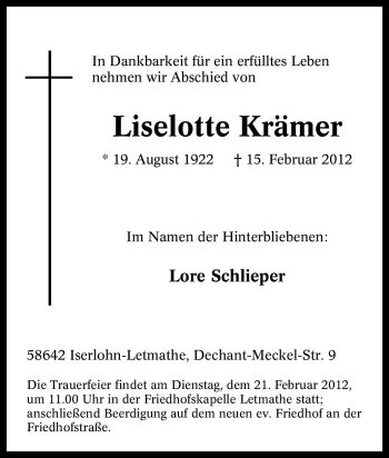 Traueranzeige von Liselotte Krämer von Tageszeitung