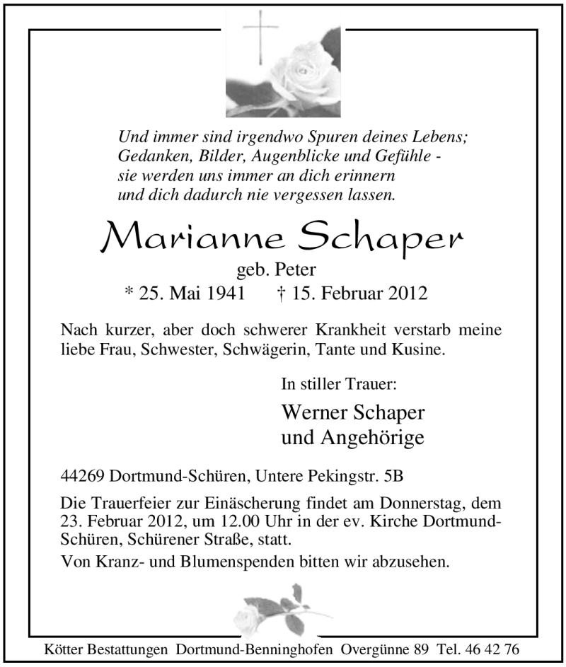  Traueranzeige für Marianne Schaper vom 18.02.2012 aus Tageszeitung