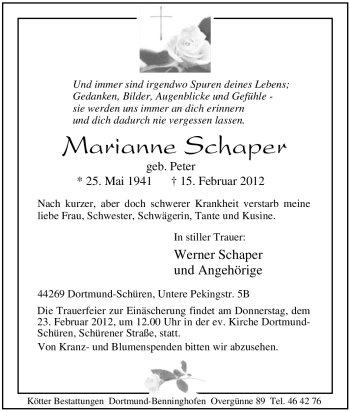 Traueranzeige von Marianne Schaper von Tageszeitung