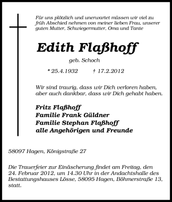 Traueranzeige von Edith Flaßhoff von Tageszeitung