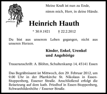 Traueranzeige von Heinrich Hauth von Tageszeitung