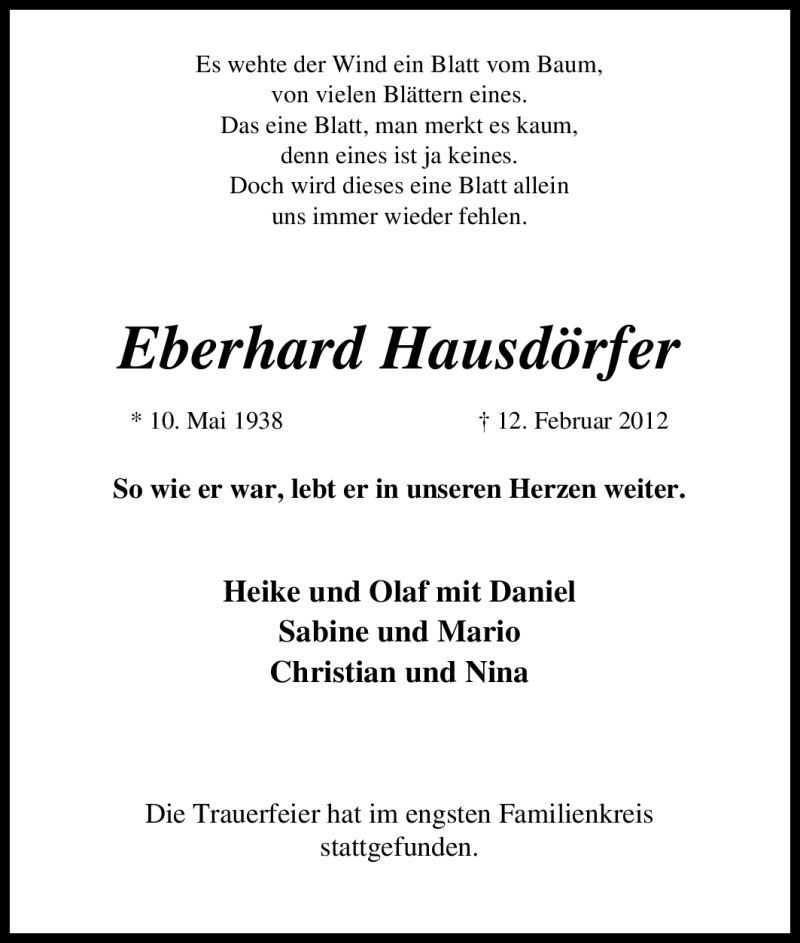  Traueranzeige für Eberhard Hausdörfer vom 17.02.2012 aus Tageszeitung