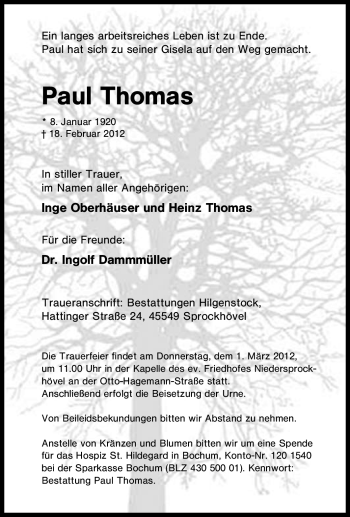 Traueranzeige von Paul Thomas von Tageszeitung