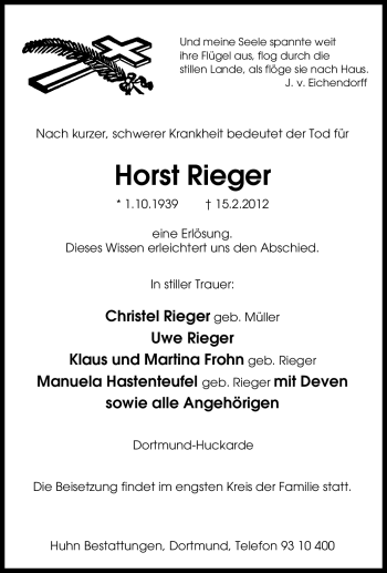 Traueranzeige von Horst Rieger von Tageszeitung
