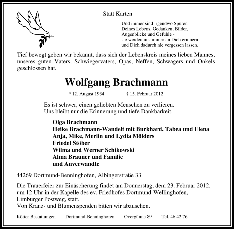  Traueranzeige für Wolfgang Brachmann vom 18.02.2012 aus Tageszeitung