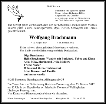 Traueranzeige von Wolfgang Brachmann von Tageszeitung
