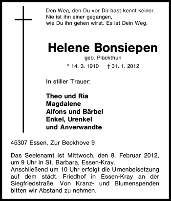 Traueranzeige von Helene Bonsiepen von Tageszeitung