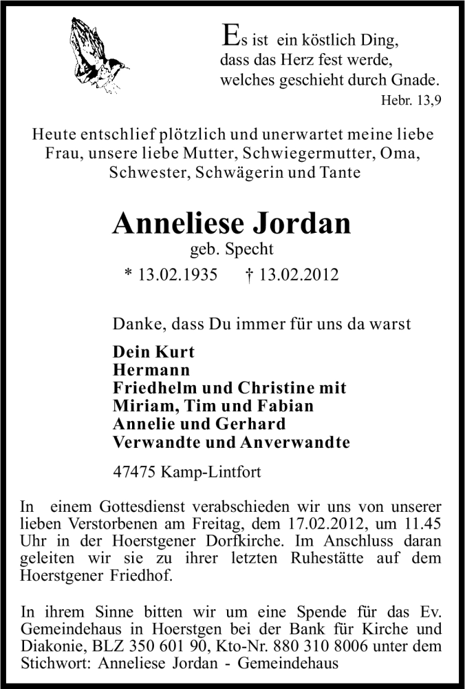  Traueranzeige für Anneliese Jordan vom 15.02.2012 aus Tageszeitung