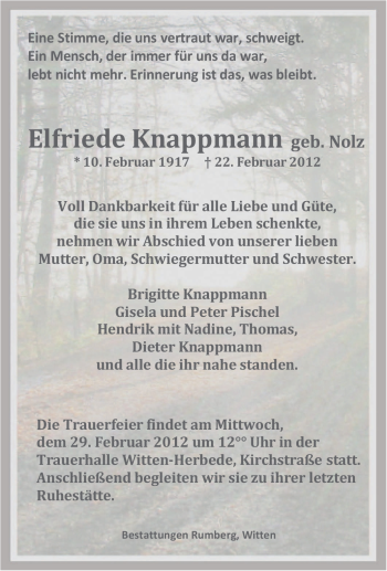 Traueranzeige von Elfriede Knappmann von Tageszeitung