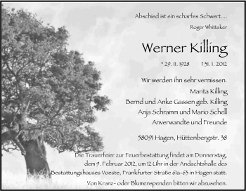 Traueranzeige von Werner Killing von Tageszeitung