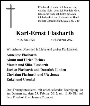 Traueranzeige von Karl-Ernst Flasbarth von Tageszeitung