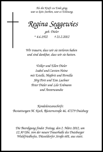 Traueranzeige von Regina Seggewies von Tageszeitung