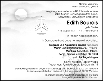 Traueranzeige von Edith Baureis von Tageszeitung