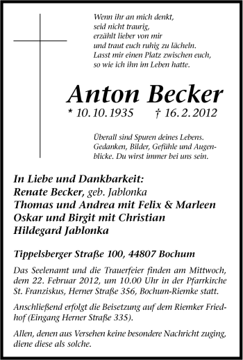 Traueranzeige von Anton Becker von Tageszeitung
