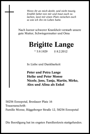 Traueranzeige von Brigitte Lange von Tageszeitung