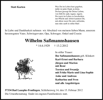 Traueranzeige von Wilhelm Saßmannshausen von Tageszeitung