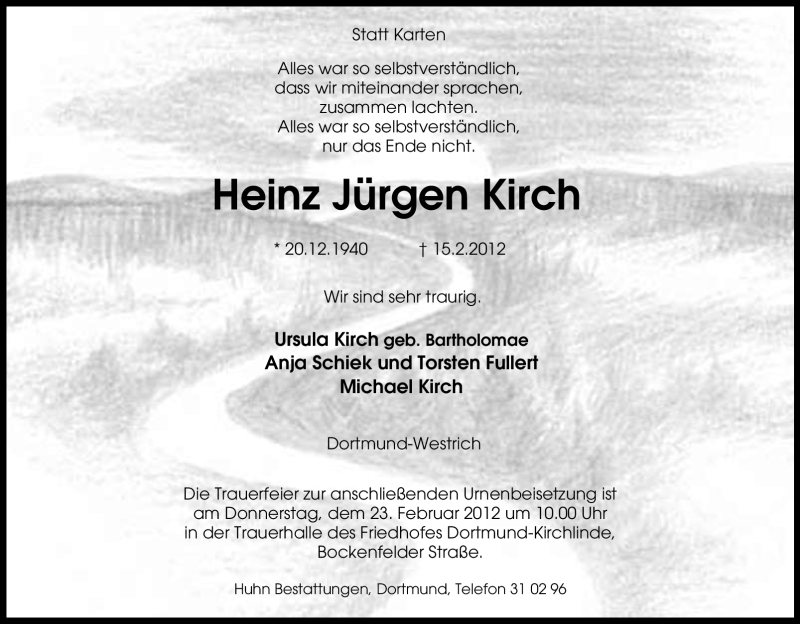  Traueranzeige für Heinz Jürgen Kirch vom 18.02.2012 aus Tageszeitung