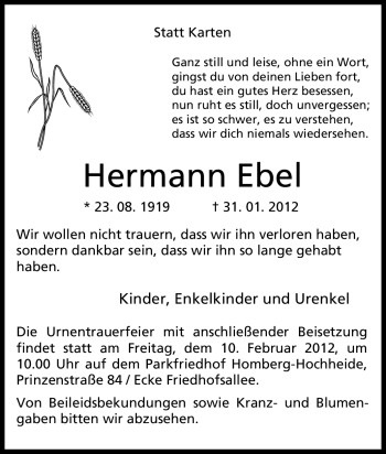 Traueranzeige von Hermann Ebel von Tageszeitung