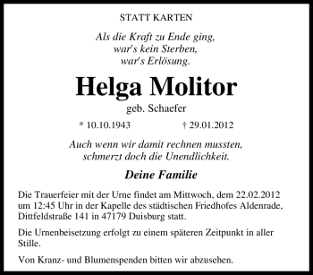 Traueranzeige von Helga Molitor von Tageszeitung