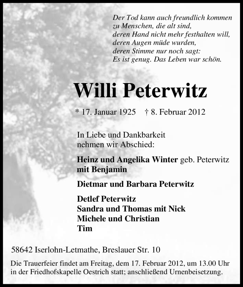  Traueranzeige für Willi Peterwitz vom 11.02.2012 aus Tageszeitung