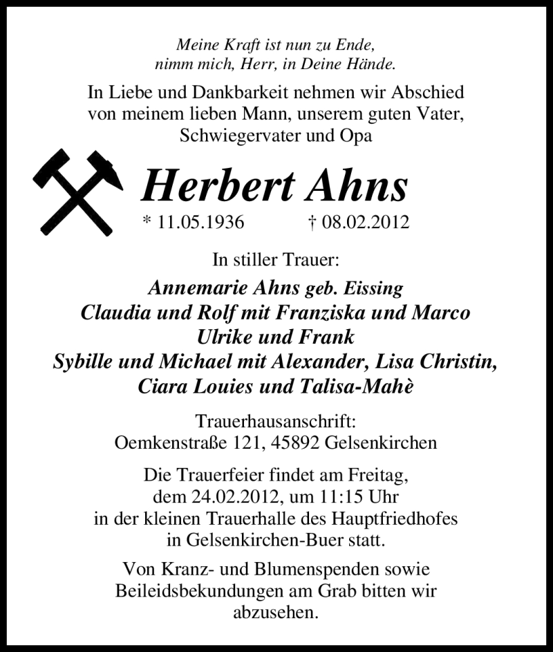 Traueranzeige für Herbert Ahns vom 18.02.2012 aus Tageszeitung