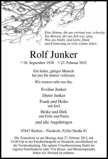 Traueranzeige von Rolf Junker von Tageszeitung