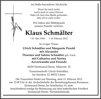 Traueranzeige von Klaus Schmälter von Tageszeitung