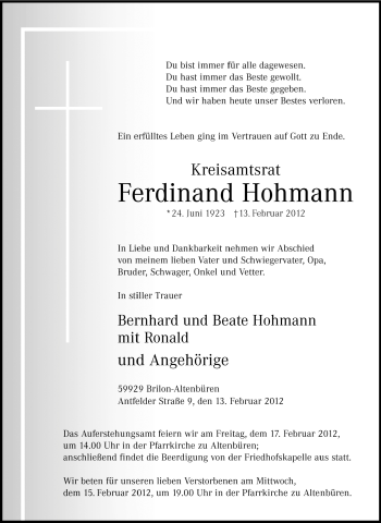 Traueranzeige von Ferdinand Hohmann von Tageszeitung