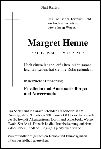 Traueranzeige von Margret Henne von Tageszeitung