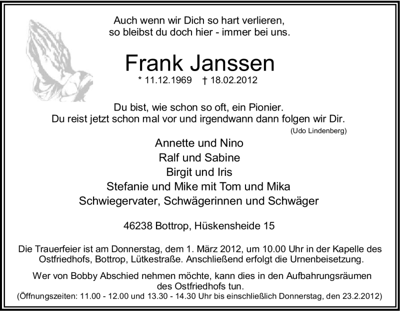  Traueranzeige für Frank Janssen vom 22.02.2012 aus Tageszeitung