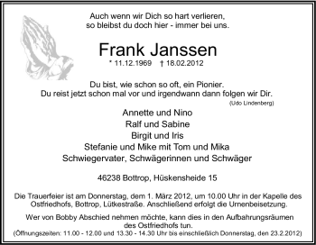 Traueranzeige von Frank Janssen von Tageszeitung