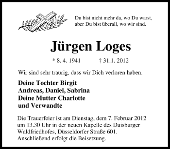 Traueranzeige von Jürgen Loges von Tageszeitung