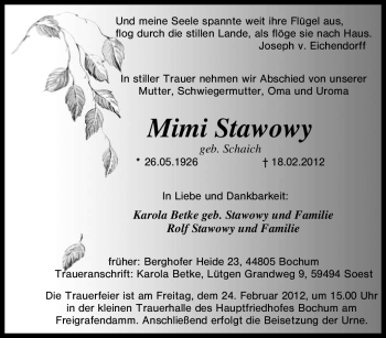 Traueranzeige von Mimi Stawowy von Tageszeitung