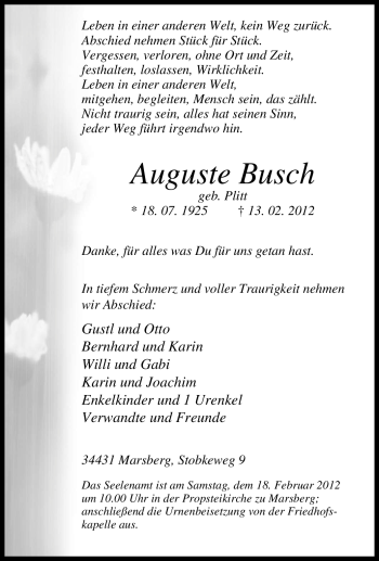 Traueranzeige von Auguste Busch von Tageszeitung