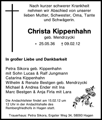 Traueranzeige von Christa Kippenhahn von Tageszeitung