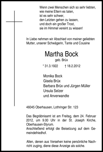 Traueranzeige von Martha Bock von Tageszeitung