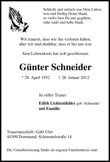 Traueranzeige von Günter Schneider von Tageszeitung